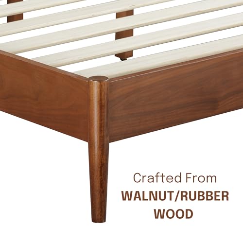 Image of NTC Lupin Wooden Bed Frame with Headboard and Natural Rattan, Solid Oak /Rubber Wood Foundation with Silent Slats, 1000 Lb Capacity, Effortless Assembly (Natural Cane - Dark Walnut, Queen)