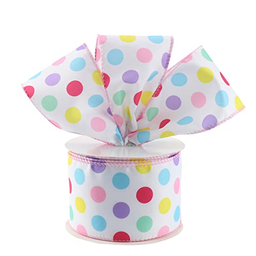 Dindosal Pastel Wired Ribbon Pastel Rainbow Polka Dot Ribbon Wired Easter Day Ribbon For Crafts, Topper Bows, Wreaths, Gift Wrapping, Home Decor, Easter Decorations 2.5" X 10 Yards #TOP6