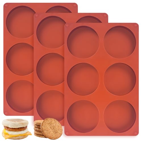 3 Pcs Silicone Egg Molds 4 Inch Jumbo Muffin Top Pans for Baking,Non-Stick 6 Holes Large Round Silicone Molds for Hamburger Egg Whoopie Pie Sandwich