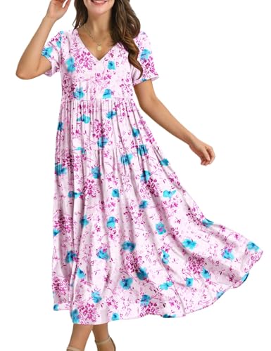 Image of YESNO Women's Summer Maxi Dresses Casual Floral Short Sleeve V Neck Boho Beach Vacation Swing Dress with Pockets EVF