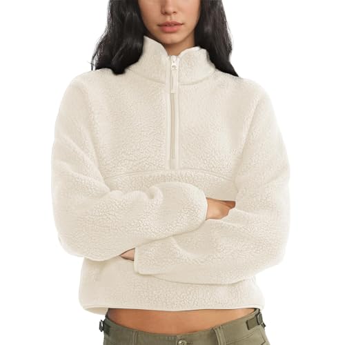 Keeliya Womens Fleece Sweatshirts Cropped Half Zip Fuzzy Warm Sherpa Pullover Varsity Jackets with Zipper Pockets(Beige M)