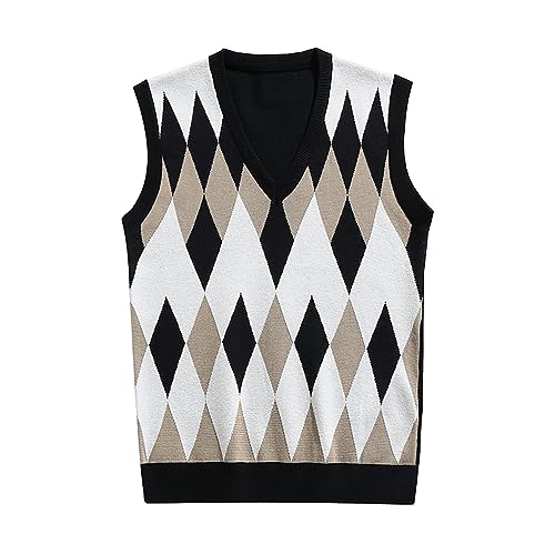 Fowjknww Chaleco de punto para hombre Argyle suéter a cuadros ropa de calle de punto top para hombres otoño invierno cálido cuello en V top estilo preppy suéter universitario chaleco casual chaleco