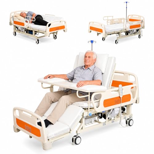 Electric Hospital Bed for Home Use with Auto Side Tilt Adjustable Medical Bed with Remote Control Pressure Relief Mattress IV Pole Lockable Wheels 550 lbs Capacity for Elderly Patient Care