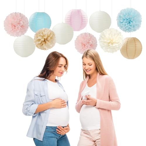 Image of Light-Blue Pink Champagne Gender-Reveal Party-Decorations - 15pcs Boy Or Girl Paper Flowers Tissue Pom Poms Lanterns Streamers,Birthday Bear Baby Shower Neutral Hanging Supplies Decor Hugfond