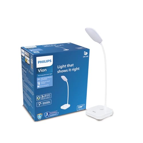 Image of Philips 5W VION White LED Desk Light | 3-in-1 Study & Table Lamp | EyeComfort Technology | Adjustable Design | Energy Efficient LED Lamp for Study, Work & Reading | Pack of 1
