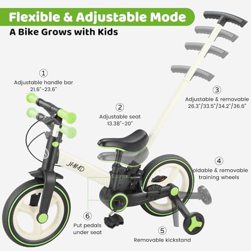 Image of JMMD 6 in 1 Toddler Bike with Push Handle for Kids 18-60 Months, 12 inch Foldable Balance Bike with Training Wheels, Pedals, Brakes, Kickstand, Push Tricycle Toddler Gift & Toys for Boy & Girl