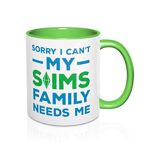 Taza de café divertida con texto en inglés 'I Can't My Sims Family Needs Me The Sims