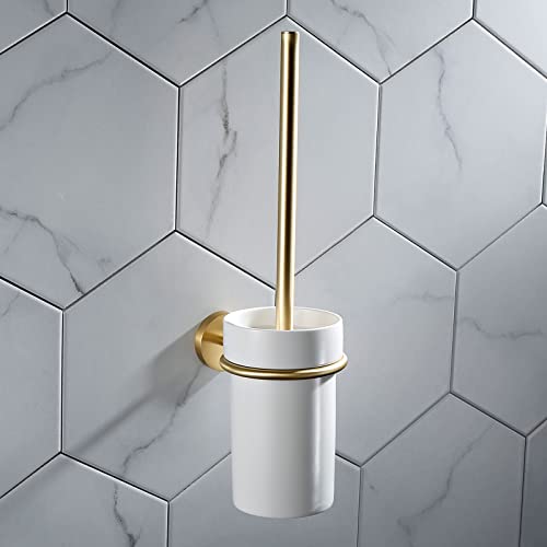 KLZUOPT Exquisite Bathroom Shelves Bathroom Hardware Set, All Copper Brushed Gold Mobile Phone Rack, Toilet Brush, Towel Ring, Hair Dryer, Beard Knife Holder (Color : Toilet Brush)