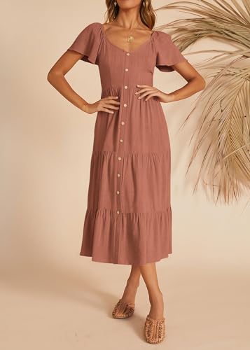 KIRUNDO Women 2025 Spring Summer Casual Short Sleeve Midi Dress Button V Neck Tiered Vacation Sundress with Pockets3