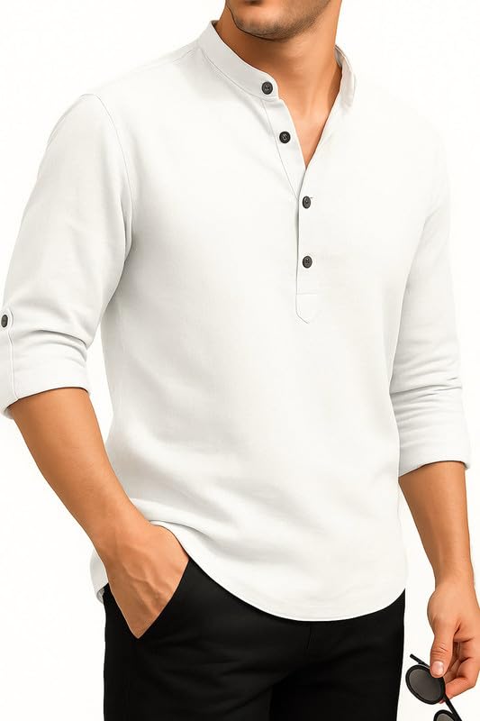 Image of DEELMO Men's Cotton Blend Solid Regular Fit Full Sleeve Short Kurta | Men's Trendy Short Kurta