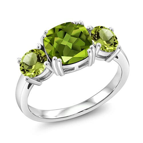 Gem Stone King 3.45 Cttw Green Peridot 3 Stone Engagement Ring For Women | 925 Sterling Silver | Gemstone August Birthstone | Cushion 8MM | Available in Size 5,6,7,8,93