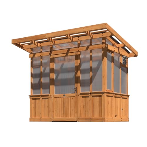 Image of Backyard Discovery Poppy 9' x 6' Cedar Wood and Polycarbonate Walk-in Greenhouse Kit with Exhaust Fan, Windows, Hose Hook-Ups, PowerPort, Staging Shelves, Plant Hooks for Year-Round Outdoor Gardening