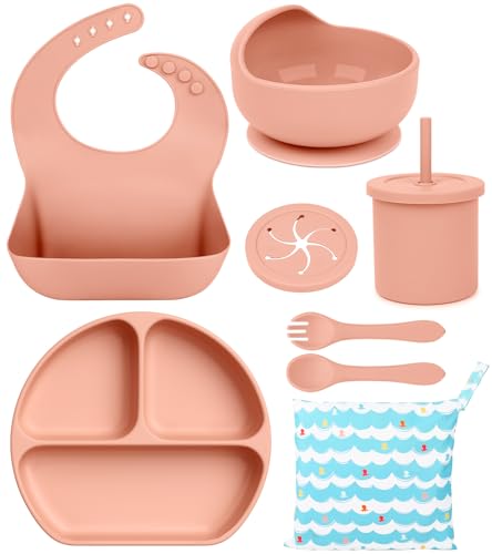 Image of Silicone Baby Feeding Set, Complete Baby Led Weaning Supplies Bpa Free, 8 Pack Baby Eating Supplies with Infant Suction Bowl and Plates, Bowl Cup Spoon and Fork Set, Infant Utensils Dish for Baby
