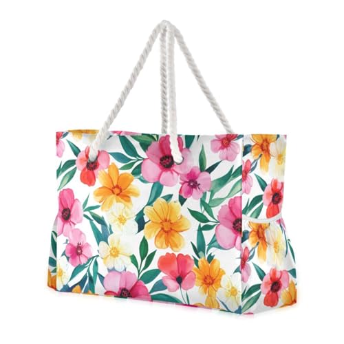 Watercolor Flowers Colorful Beach Tote Bag for Women Beach Bags Waterproof Swim Pool Bag Extra Large Travel Tote Bags with Zipper for Grocery Vacation Essentials Yoga Nurse Gym