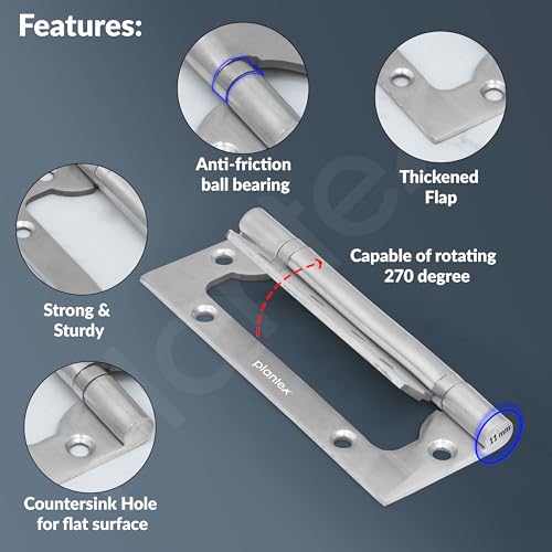Image of Plantex Butterfly Hinges for Door /Stainless Steel Door Hinges /5 Inch x 14 Gauge Hinge /2.5 mm Hinges for Home /Office /Hotel /Non-Mortise Hinge - Pack of 1 (Chrome)