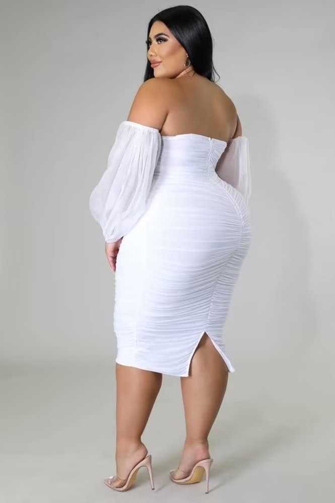 Women's Plus Size Off The Shoulder Mesh Long Sleeve Bodycon Ruched Midi Party Cocktail Dress - Image 3