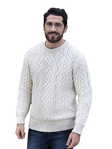 Aran Crafts Men's Cable Knitted Crew Neck Sweater (100% Super Soft Merino Wool)