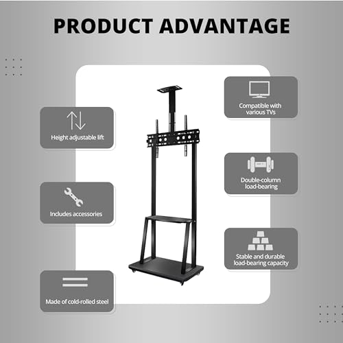 Image of Robustt TV Stand with Wheels | Fits 50-98 Inches TV | Heavy Duty Material | Tilt & Height Adjustable Rolling Stand | Movable TV Stand | Flexible Shelf | Cable Management - Pack of 1
