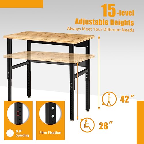 Goplus Adjustable Workbench, 48" 2000Lbs Bamboo Top Work Bench For Garage, Heavy-Duty Steel Work Table Hardwood Workstation, Easy Assembly #TOP1