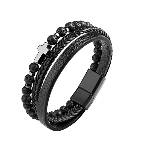 Dochais Pulsera Hombre, Pulsera De Acero Inoxidable De Cuero Genuino, Jesucristo Crucifijo Cruz Pulsera, Piedra Natural Pulsera Trenzada Con Cierre De Imán, Negro/Marrón (1Pcs)(B, negro)