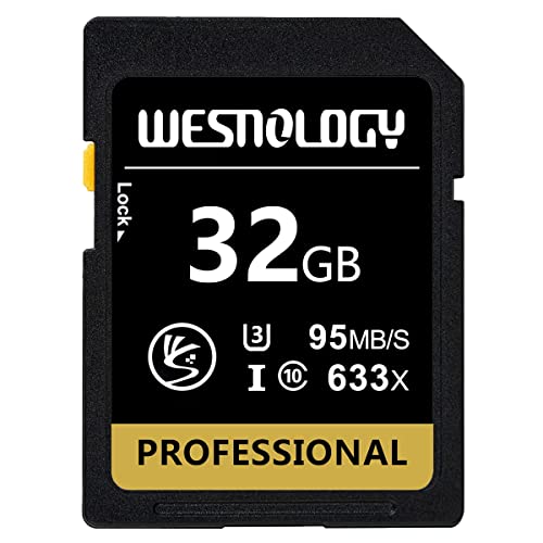 32GB Memory Card, WESNOLOGY Professional 633 x Class 10 Card U3 Memory Card Compatible Computer Cameras and Camcorders, Camera Card Memory Card Up to 95MB/s, Yellow/Black