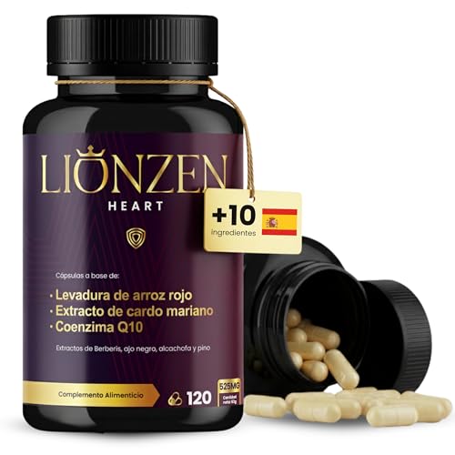 Levadura de arroz rojo, Coenzima Q10, Cardo Mariano +10 ingredientes Colesterol, Salud Cardiovascular y Detox Hígado | Berberina, Astaxantina | Vegano | 120 Cápsulas | Lionzen Heart