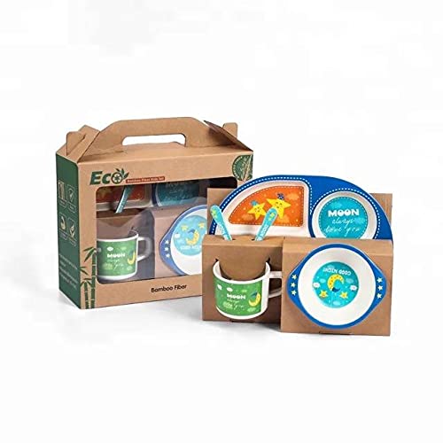 CherryBox Dinnerware Plate Set for Kids - Cartoon Design Crockery Set - Bamboo Fiber Eco Friendly (Blue Sky - 5 Pc Set) 3