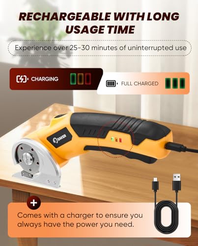 Saker Cordless Electric Scissors,Cardboard Box Cutter,4V Rechargeable Rotary Cutter with Safety Lock & LED Light,Cardboard Cutter for Cutting of Fabric, Leather, Carpet, Plastic, and More