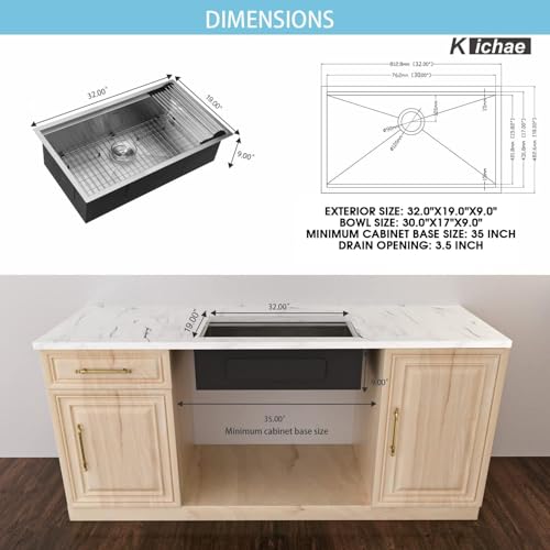 32 Kitchen Sink Undermount Workstation - Kichae 32x19 Undermount Kitchen Sinks Ledge Workstation 16-Gauge Stainless Steel Deep Single Bowl Under Counter Handmade Basin by Kichae - Used condition - Image 7