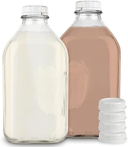 Stock Your Home Half Gallon Glass Milk Bottle with Lid (2 Pack) 64 Oz Jugs and 6 White Caps, Reusable Food Grade Milk Container for Refrigerator, Bottles for Juice, Oat or Plant Milks, Water, Honey