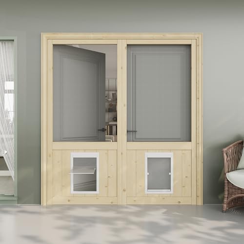AINLARRY Pine Screen Door with built-in dog door