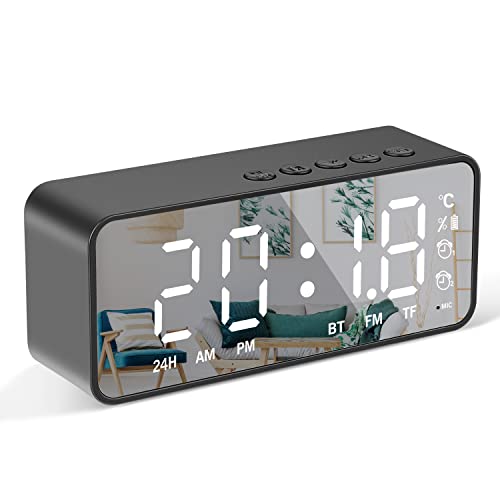 Bocinas, Wireless Reloj Despertador Digital con Pantalla Led Espejo, 5.0 Bocina Bluetooth, Reloj Despertador con Doble Alarma Pantalla de Temperatura Ambiente, con FuncióN Radio...