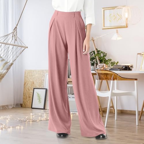 Work Pants Women Plus Size Elastic Waist Palazzo Pants Dressy Casual Office Pleated Stretchy Trouser Pants with Pockets3