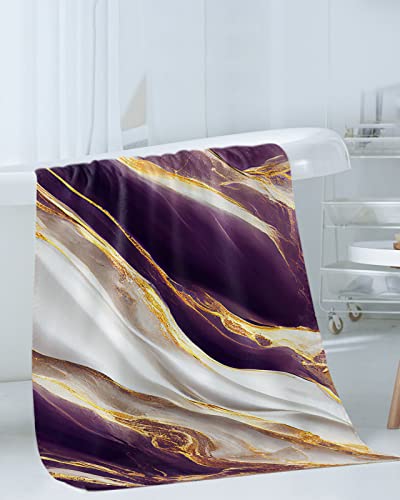 Marble Purple Bath Towels For Bathroom Set - Luxury Microfiber Towels Gifts For Women,Quick Dry Beach Kitchen Hand Hair Face Towel And Dish Washcloth,Abstract Gold White Modern Art Workout Towels+Set #TOP2