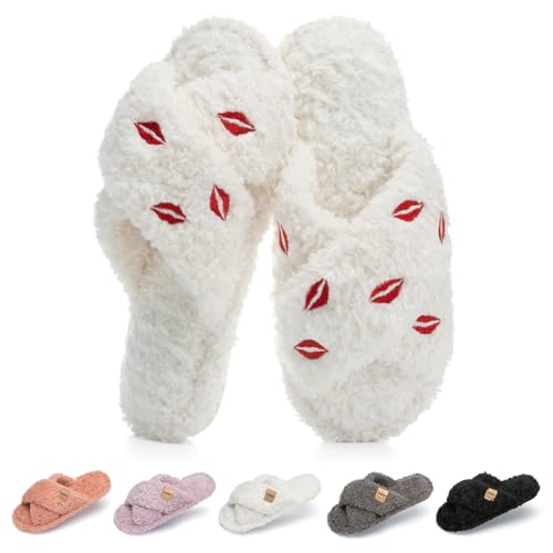 GOEWY Valentine's Day Lips Gifts for Womens Mom Her Fuzzy Open Toe Slippers for Women Indoor and...