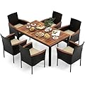 KOTEK Outdoor Dining Set for 6, PE Rattan Wicker Patio Furniture Set with Wood Table & Cushioned Armchairs, 1.96'' Umbrella Hole, Patio Table and Chairs Set for Garden, Backyard, Balcony, Poolside