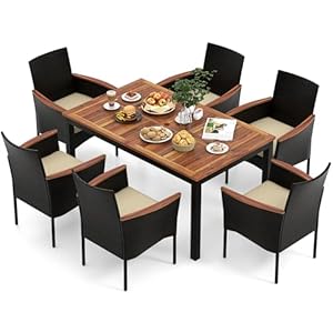 KOTEK Outdoor Dining Set for 6, PE Rattan Wicker Patio Furniture Set with Wood Table & Cushioned Armchairs, 1.96” Umbrella Hole, Patio Table and Chairs Set for Garden, Backyard, Balcony, Poolside