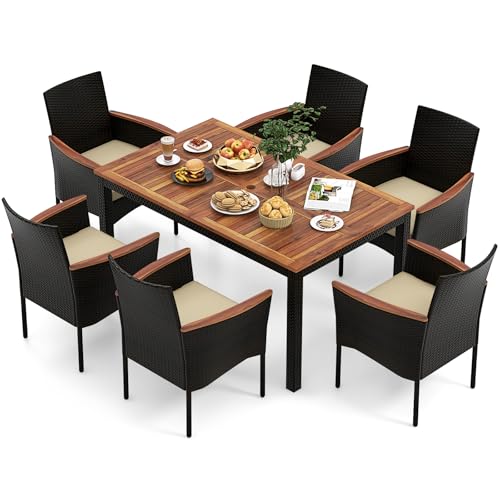 KOTEK Outdoor Dining Set for 6, PE Rattan Wicker Patio Furniture Set with Wood Table & Cushioned Armchairs, 1.96” Umbrella Hole, Patio Table and Chairs Set for Garden, Backyard, Balcony, Poolside