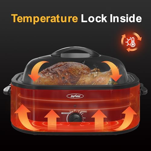 Sunvivi Roaster Oven with Self-Basting Lid,18 Quart Electric Roaster with Removable Pan & Rack,150-450°F Full-Range Temperature Control with Defrost/Warm Function,Stainless Steel,Red