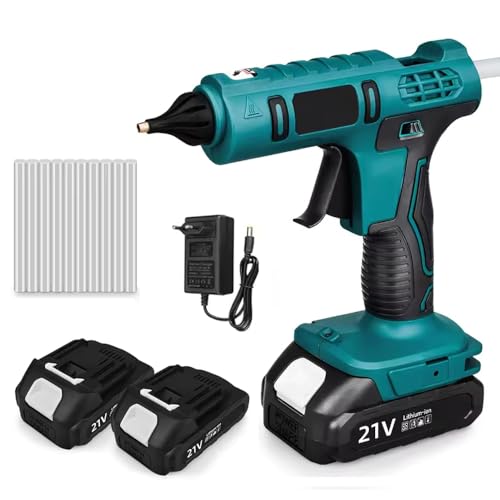 Pistola de pegamento caliente inalámbrica, pistola de pegamento para Makita 21 V, pistola de silicona eléctrica, calefacción rápida, 2 baterías, para 11 mm, varillas de pegamento, para bricolaje (21V)