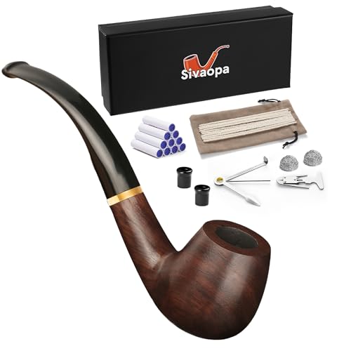 Sivaopa Ebony Tobacco Pipe Gift Set – Handmade Curved Wooden Pipe with Accessories & Cleaning Tools – Vintage Gentleman’s Pipe for Collectors, Display & Gift