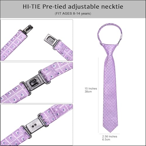 Image of Hi-Tie Boys Tie Pre-Tied Pocket Square Set Adjustable Kids Neckties Age 7-11 Years School UniForm Graduation