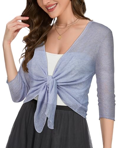 Image of Women Crop Cardigan Sheer Mesh Bolero Shrug for Dress Tie Front 3 /4 Sleeve Tops