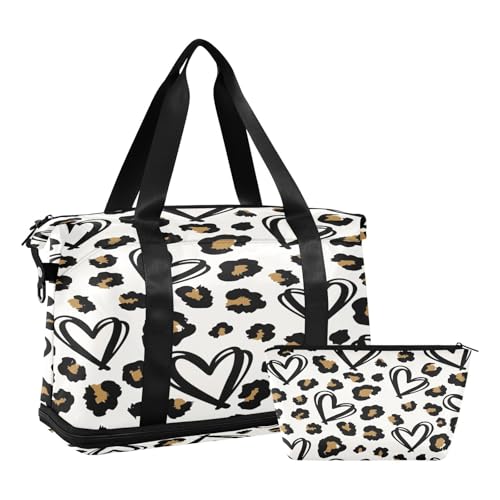 Kigai Love Leopard Travel Duffle Bag for Women & Men Waterproof Sports Tote Gym Bag Shoulder Weekender Overnight Bag Carry on Luggage Bag with Shoe Compartment