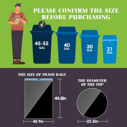Image of Teivio 55 Gallon Large Black Drawstring Trash Bags 10 Count, 45,50,55 Gal Heavy Duty Garbage Bags for Commercial, Yard, Garage, Industrial, Outdoor Trash Cans, Lawn & Leaf Bags