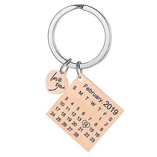 Personalized Custom Engraved Calendar Date Engraved Message Stainless Steel Keyring & Keychain Memorial Keepsake Anniversary Wedding Gift (Heart Rose Gold)