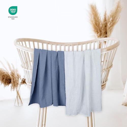 Image of lulumoon Muslin Swaddle Blanket Baby - Cotton Swaddling Blanket Soft Baby Receiving Blankets Neutral 2Pack(Navy)