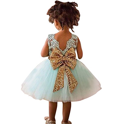 Highdas 2.017 niñas Bowknot del cordón de la princesa vestidos de verano de la falda Lentejuelas para bebés de los niños Niños 100/2-3years Verde claro