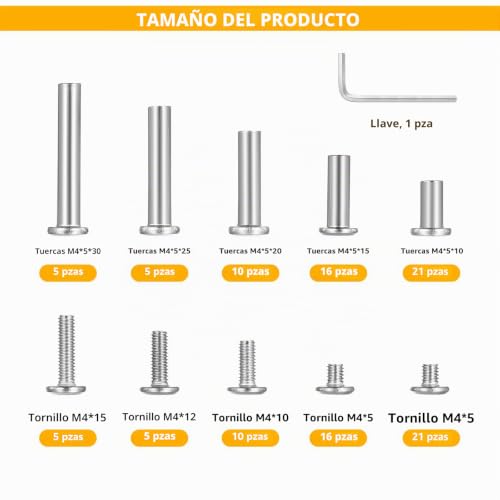 Miniatura 2 de 57 Settornillos De Conexión Para Muebles, Tornillos M4, Conectores Para Muebles De Acero Inoxidable, Tornillos De Manguito De Fijación Para Armarios Tableros De Madera Roperos, Con Llave