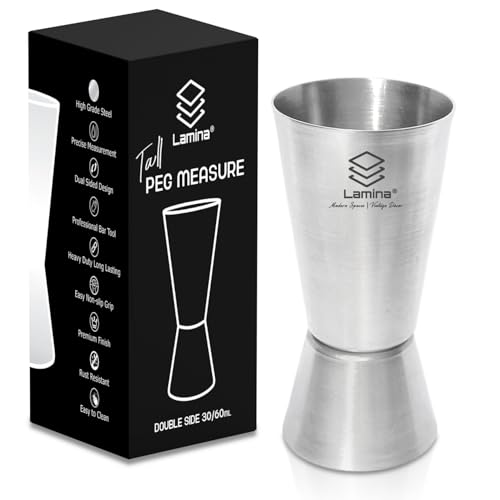 Image of Lamina Set of 2 Stainless Steel Tall Peg Measure (30 /60 ml, Silver) Double-Sided Cocktail Jigger for Home, Kitchen, Hotels & Professional Bartenders - Drink Measuring Bar Tool (with Box).